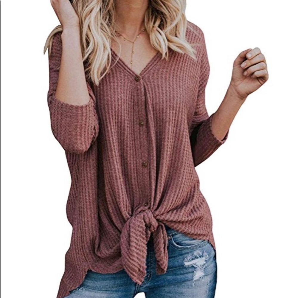 Women’s waffle knit tunic knot blouse, Size Medium
